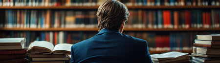 Lost in a sea of knowledge, a scholar sits amidst towering bookshelves, their face etched with focused contemplation The scent of old paper and the weight of history fill the library, a testament to the pursuit of wisdom This moment captures the dedication and passion for learning that fuels a AI Generativeの素材