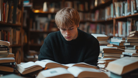 The young scholar, lost in the pages of a well-worn book, found sanctuary within a cozy bookstore The scent of aged paper mingled with the warmth of the setting sun, casting long shadows across the towering stacks of literature A haven of knowledge and quiet contemplation, the bookstore offered a AI Generativeの素材