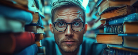 The scholar, a beacon of intellect, sits amidst a towering library of knowledge Their eyes, alight with curiosity, scan the pages of a well-worn book Stacks of volumes, their spines whispering untold stories, surround them This is a portrait of dedication to the pursuit of learning, a lifelong embrace of AI Generativeの素材