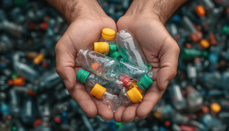 A close-up shot reveals a pair of hands carefully sorting plastic bottles, their meticulous actions symbolizing a commitment to environmental responsibility The image emphasizes the tangible act of recycling, highlighting the power of individual action in protecting our planet AI Generativeの素材