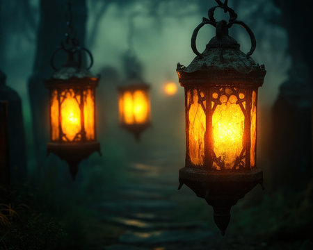 An eerie stillness hangs over the cemetery, broken only by the flickering light of lanterns Their shadows dance across the weathered tombstones, creating a haunting atmosphere of mystery and darkness The air is thick with secrets, whispered on the wind AI Generativeの素材