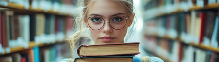 A determined young woman, her eyes focused and studious, navigates a library aisle, a stack of books held close Her gaze reflects the power of education and the pursuit of knowledge The weight of the books is a testament to her commitment to learning, her thirst for wisdom evident in AI Generativeの素材