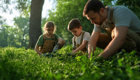 Families working together to clean up a local park showcase the power of environmental sustainability and community action Kids learn firsthand about nature conservation and environmental responsibility, fostering a love for our planet and a sense of civic duty AI Generativeの素材