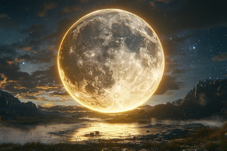 A spectral moon hangs heavy in the sky, bathing a desolate landscape in an eerie, ghostly glow Jagged mountains rise like skeletal fingers against the inky blackness, their peaks etched in silver light The air crackles with an unseen presence, whispering secrets of forgotten horrors AI Generativeの素材