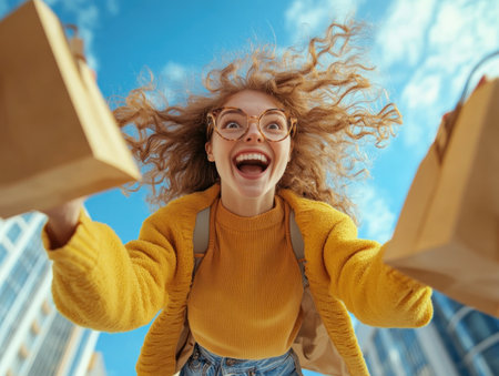A shopper's pure joy explodes as they leap with excitement, bags flying, after a successful shopping spree This image encapsulates the thrill of retail therapy, from finding incredible deals to the satisfaction of a well-stocked cart It's a celebration of shopping, a moment where passion meets purchase AI Generativeの素材