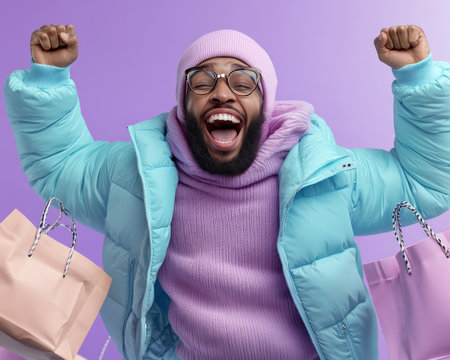 A vibrant image of a joyful man leaping with bags of loot, celebrating incredible deals! His excitement is contagious, capturing the thrill of a successful shopping spree This energetic scene embodies the joy of finding amazing offers, fueled by the promise of savings and the pure fun of retail therapy AI Generativeの素材
