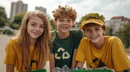 A vibrant group of kids are making a positive impact in their city park by enthusiastically recycling Their actions demonstrate environmental responsibility, community involvement, and a commitment to a sustainable future This fun and engaging scene highlights the importance of eco-friendly practices and inspires others to join the green movement AI Generativeの素材