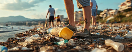 A powerful image of environmental responsibility unfolds as a group of people diligently clean up plastic waste on a sun-drenched beach Their collective effort speaks volumes about the importance of protecting our planet The image serves as a reminder that every action, no matter how small, can contribute to a AI Generativeの素材