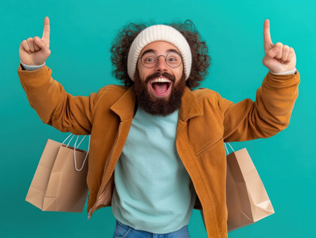 A modern shopper leaps with joy, vibrant energy radiating from their every move Overflowing shopping bags dance in the air, capturing the pure exhilaration of a successful shopping spree This image embodies the unbridled excitement and pleasure that comes with finding the perfect treasures AI Generativeの素材