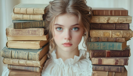 A stylish woman in a flowing white dress, reminiscent of a vintage era, cradles a stack of classic books in a warm, nostalgic setting The scene evokes a love for literature, steeped in knowledge and romance Her elegant posture and vintage fashion create a timeless portrait of a bookworm lost AI Generativeの素材