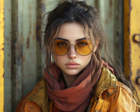 A modern woman, radiating confidence, confidently wears bold sunglasses, exuding a vibrant energy Her trendy fashion reflects a dynamic lifestyle, effortlessly blending style and substance She embodies the essence of modern womanhood, embracing individuality and fearless expression AI Generativeの素材