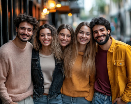A vibrant group of young adults, radiating joy and positive energy, explore the city's bustling streets Captured in a candid group photo, they showcase their effortless urban style and shared camaraderie This snapshot encapsulates the essence of friendship, adventure, and the thrill of city life AI Generativeの素材