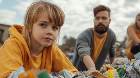 Families gathered at a community event, hands-on in sorting recyclables Children learned about environmental responsibility firsthand, witnessing the importance of waste management and contributing to a cleaner planet This volunteer effort fostered a sense of community and environmental awareness in everyone involved AI Generativeの素材