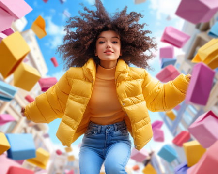 A vibrant image capturing the pure joy of shopping! A woman leaps with excitement, her arms laden with colorful shopping bags, amidst a backdrop of sale signs and discounts This joyous scene embodies the thrill of finding amazing deals, the excitement of a shopping spree, and the ultimate satisfaction of AI Generativeの素材