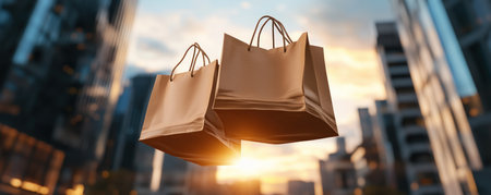 A shopper, suspended in mid-air with bags in hand, exudes the joy of a successful purchase The sleek urban backdrop and the shopper's jubilant leap capture the exhilaration of the modern shopping experience This image embodies the excitement and freedom that comes with indulging in retail therapy AI Generativeの素材