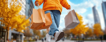 A shopper, overflowing with joy and satisfaction, leaps through the bustling city streets, arms laden with shopping bags The moment captures the pure exhilaration of a successful shopping spree a testament to the "shop till you drop" spirit, where every purchase feels like a victory AI Generativeの素材