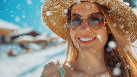 A radiant woman, sunglasses shielding her eyes, beams beneath a cozy straw hat as she embraces the snowy wonderland Surrounded by breathtaking mountain vistas, she revels in the chill air, embodying the joy of a winter escape Her smile speaks of adventure, relaxation, and the sheer magic of a winter AI Generativeの素材