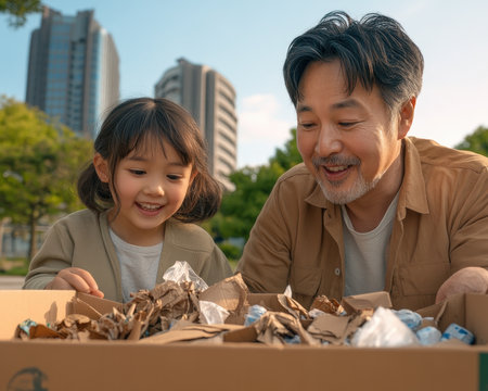 Engage your family in eco-friendly living! Learn how to recycle at home, sort materials in nature, and reduce waste This guide provides tips for building sustainable habits and fostering a greener future for your children Join the movement towards a more eco-conscious lifestyle AI Generativeの素材
