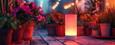 Imagine a tranquil garden bathed in the warm glow of a serene night Lush, vibrant plants stand tall against the backdrop of a starlit sky Glowing accessories, like lanterns and fairy lights, cast a magical spell, creating an ambiance of peace and wonder AI Generativeの素材