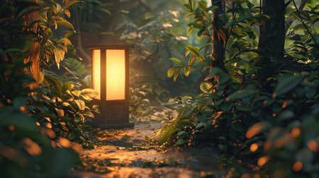 A winding forest path, bathed in the warm glow of lantern light, invites tranquility Lush greenery and misty air create an enchanting atmosphere, casting magical shadows The soft light illuminates a serene environment, offering a peaceful escape into nature's sanctuary AI Generativeの素材