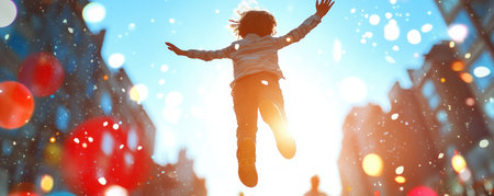 A child's infectious laughter fills the air on a sunny day Their joyful spirit soars, embracing the vibrant energy of summer This free stock image captures a moment of pure excitement, reflecting the essence of joyous outdoor activities under a warm, sunny sky AI Generativeの素材