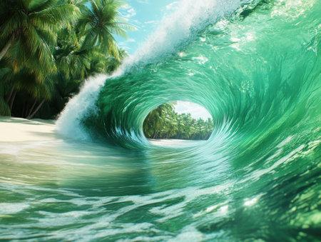 A vibrant, turquoise wave crashes on a pristine white beach, its energy palpable in the spray and foam The scene pulses with the essence of adventure, capturing the carefree spirit of a perfect summer paradise Lush palm trees sway in the breeze, painting a picture of tropical bliss AI Generativeの素材