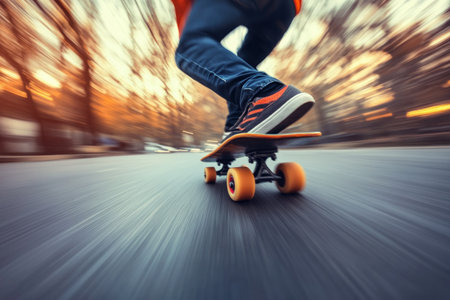 Skateboarding in motion is a blur of energy and freedom A skateboarder's urban journey unfolds on asphalt, their board a conduit of power and dynamic action The blur of the background emphasizes speed, while the grit of the street reflects the raw energy of this lifestyle sport AI Generativeの素材