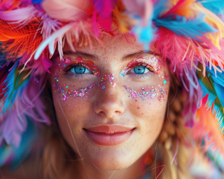 A woman radiates joy in a vibrant carnival costume, adorned with shimmering glitter makeup and festive headwear The atmosphere is electric with celebration, happiness, and vibrant colors Feathers and sparkle add to the glamorous ensemble, perfect for a costume party, parade, or masquerade ball This bold look embodies creativity, self-expression, AI Generativeの素材