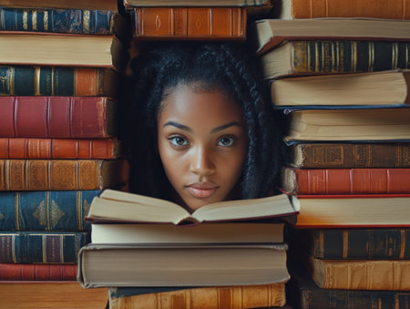 A young woman, lost in the pages of a book, radiates thoughtful intensity Her gaze is fixed, her brow furrowed in contemplation A towering stack of well-worn, intellectual tomes surrounds her, hinting at a thirst for knowledge and a mind deeply engaged in the world of literature AI Generativeの素材