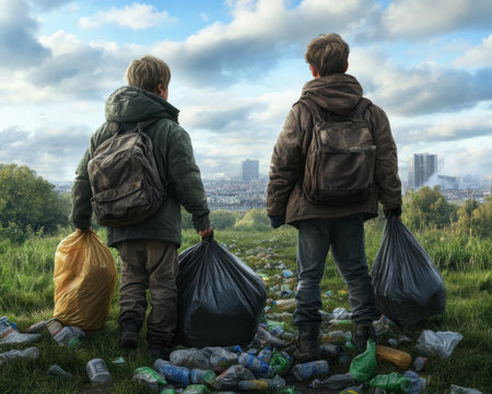 Two friends embark on a mission in a sun-drenched meadow, gathering recyclables They are passionate about cleaning up our planet and creating a greener future Their commitment to protecting the environment fuels their actions, reducing waste one bottle at a time AI Generativeの素材
