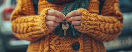 A woman's hands, nestled in a cozy knit sweater, grasp a set of keys The image evokes a sense of home and security The soft fabric and the weight of the keys symbolize comfort and safety Her own space, a sanctuary of peace and belonging, is within her grasp AI Generativeの素材