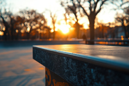 As the sun dips below the horizon, bathing the skatepark in golden hues, the blur of motion captures the energy and skill of skateboarders in action The air crackles with excitement as they defy gravity, their bodies a symphony of fluidity and power against the backdrop of a vibrant sunset AI Generativeの素材