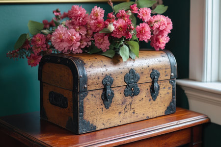 This vintage wooden storage trunk, adorned with metal accents, exudes rustic charm and classic appeal Its antique-inspired design adds a touch of vintage style to your living space Perfect for home decor and organizing, this functional treasure box is a beautiful addition to any room AI Generativeの素材