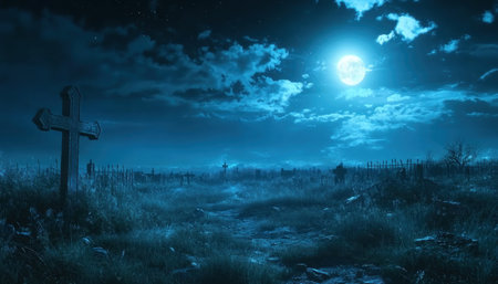 A chilling silence blankets the eerie cemetery, illuminated by a full moon hanging heavy in the dark sky Gravestones cast long, skeletal shadows, their inscriptions barely visible in the moonlight The air crackles with an unseen presence, a spooky gothic atmosphere that whispers of secrets buried deep within the earth AI Generativeの素材