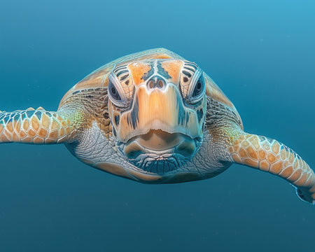 Capture the serene beauty of a loggerhead sea turtle gliding through the vibrant blue ocean This underwater encounter, captured in stunning wildlife photography, showcases the grace and elegance of this ancient marine creature Witness the tranquility of the underwater world as the turtle effortlessly navigates its watery domain AI Generativeの素材