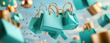 A trendy woman leaps with joy, her teal shopping bags reflecting the festive spirit This modern, minimalist aesthetic captures the excitement of shopping sprees, offering unique gifts and stylish finds From luxury to affordable, these beautiful bags embody the joy of giving and receiving, making every shopping experience a delightful AI Generativeの素材