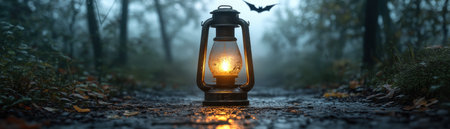 A solitary lantern casts an eerie glow through the dense fog of a dark forest A bat's silhouette flits above, its wings cutting through the gloom The scene is steeped in mystery and a hint of horror, a perfect Halloween backdrop where the line between reality and fantasy blurs AI Generativeの素材
