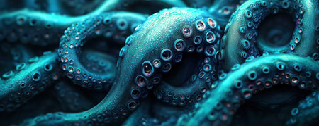 A mesmerizing 3D render depicts the intricate dance of abstract, aqua octopus tentacles Intertwined and forming a complex tapestry, the image evokes the deep sea's mystique Lush blues and turquoise hues capture the organic shapes of this marine marvel, a testament to the beauty and complexity of underwater life AI Generativeの素材