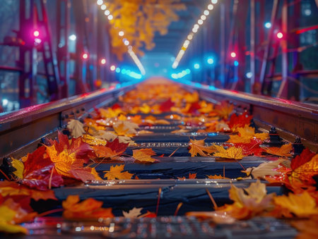 A symphony of vibrant hues paints the railway line as autumn leaves cascade onto the tracks The captivating image captures nature's artistry, a breathtaking journey into fall The colorful foliage creates an inspiring scene, a testament to the beauty of the changing seasons AI Generativeの素材