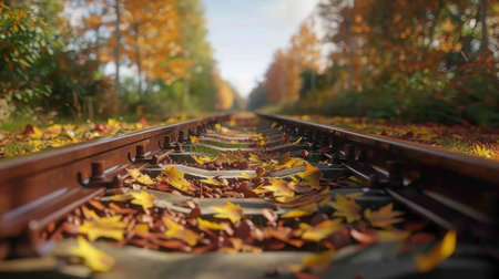 Embark on a breathtaking journey through autumn's vibrant tapestry Witness golden leaves cascading onto picturesque railway tracks, painting a scene of nature's artistry Fall colors ignite the landscape, creating stunning photographic opportunities Discover the beauty of scenic railways amidst the vibrant hues of autumn AI Generativeの素材