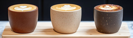 Indulge in exquisitely crafted latte art, adorning unique ceramic cups Experience the perfect coffee blend of espresso, latte, or cappuccino, elevated with artisan foam Each sip reveals a masterpiece of caffeine artistry, where crafted froth transforms your coffee into a sensory delight AI Generativeの素材