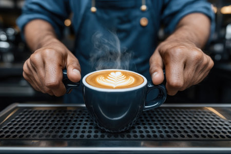 Witness the artistry of a skilled barista as they craft a steaming cup of artisan latte art Their expert hands transform creamy milk into delicate designs, complementing the rich, delicious beverage Experience the warmth and comfort of a true coffee shop, where every cup is a work of art AI Generativeの素材