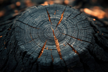 A close-up photograph captures the raw beauty of a burned tree trunk Charred wood grain and texture are showcased in intricate detail, revealing the aftermath of fire The image evokes a sense of rustic nature, highlighting the resilience of life even in the face of destruction AI Generativeの素材