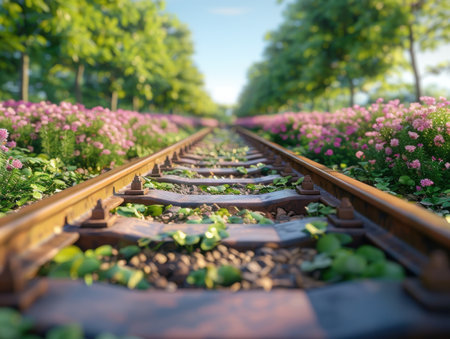 Embark on a picturesque train journey through lush greenery, where railway tracks wind through vibrant blooms and towering trees Experience the tranquility of nature's beauty as you glide through scenic landscapes, discovering serenity on every mile AI Generativeの素材