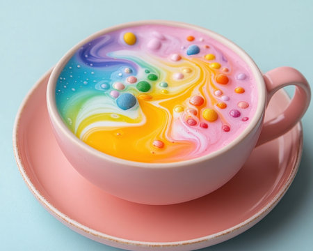 This isn't just a latte, it's a masterpiece! A creamy canvas of swirls and vibrant rainbow pearls, this artistic beverage is a dream for Instagram and your cafe decor Every sip is a burst of color and flavor, making it the perfect treat for any occasion AI Generativeの素材