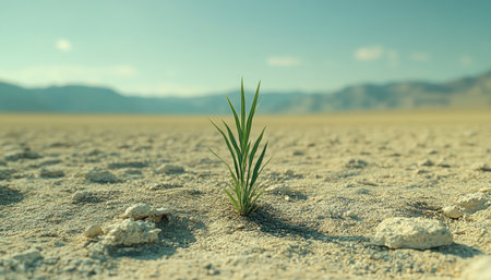 A solitary blade of grass bravely pushes through the harsh, barren landscape of a desert, a testament to the resilience of life This minimalist landscape photograph captures the essence of new beginnings and the power of nature to endure even in the most challenging environments The single blade of grass AI Generativeの素材