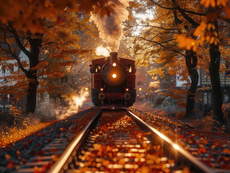 A vintage steam locomotive, puffing through a breathtaking autumn landscape, chugs along a scenic fall journey Vibrant foliage paints the hillsides in fiery hues, creating a picturesque backdrop for the majestic train This railway journey offers a captivating glimpse of nature's beauty at its peak AI Generativeの素材