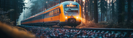 Embark on a tranquil train journey through awe-inspiring forests As the locomotive glides through nature's serene embrace, witness the tranquility of majestic woods Capture the beauty of the natural world, where every moment is a masterpiece of peace AI Generativeの素材