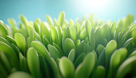 A minimalist photograph captures the serene beauty of sunlit grass blades Simple composition and delicate textures evoke feelings of calm and tranquility, inviting viewers to find peace in the natural world This piece is a celebration of nature's simple elegance, a harmonious blend of green tones and soft light, perfect AI Generativeの素材