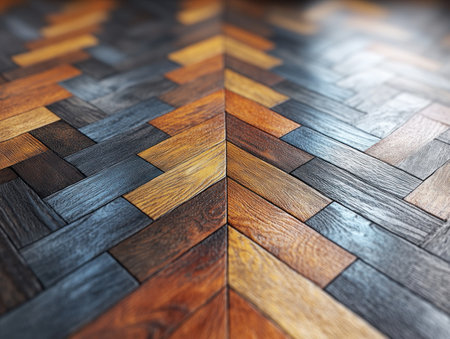 Elevate your space with this breathtaking geometric wooden plank flooring Rich, earthy tones create a unique, modern design that's perfect for homes or offices The intricate pattern adds visual interest while the natural wood exudes warmth and sophistication A stunning statement piece for any room AI Generativeの素材